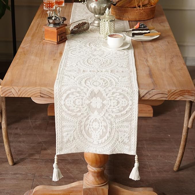 Embroidered Dresser Runner Lace Boho Scarf, 4 Tassel Pendants, Layered Accent - Image 3