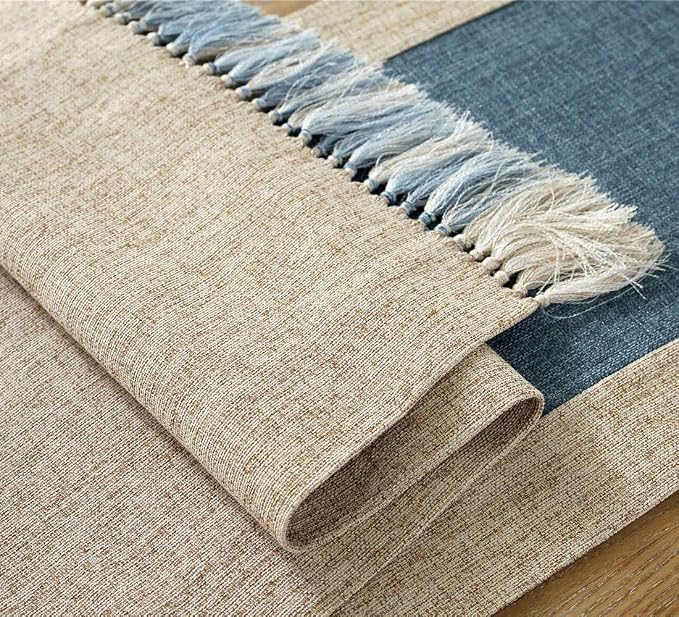 Farmhouse Rustic Faux Linen Dining Table Runner 15 x 94 Inch Blue | Boho Heavy - Image 5