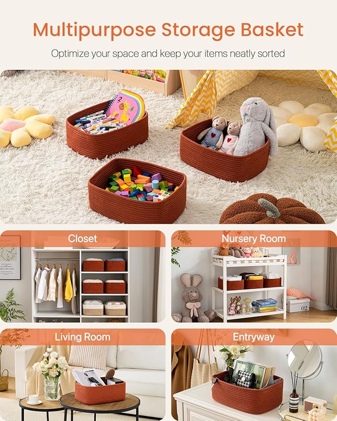KALLAX Small Woven Basket, 13.5 x 9.5 x 5 Inches, Storage Basket for Organizing, Cute Small Rope Shelf Closet Cube Storage Bins Baskets for Shelves, Dog Toy Gift Baskets Empty, 3 Pack Rust Red