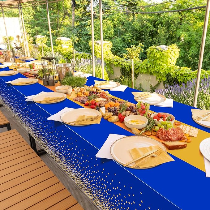MASHAN 1Pcs Blue Gold Tablecloth Party Decorations, Plastic Royal Blue Table - Image 7