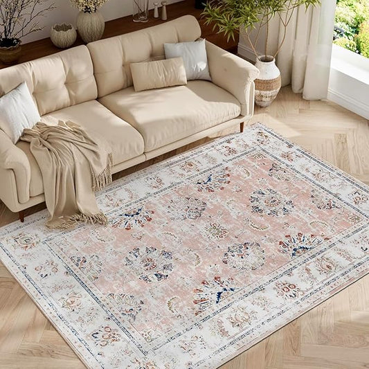 jinchan Washable Area Rug 5x7 Ultra-Thin Low Pile Non Slip Stain Resistant Soft Faux Wool Spring Floral Distressed Vintage Carpet for Bedroom,Living Room,Dining Room,Kitchen,Nursery(Pink, 5' x 7')