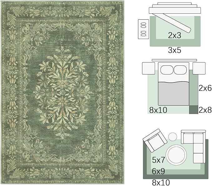 jinchan Floral 6x9 Green Area Rugs for Living Room - Machine Washable Vintage Distressed Design Soft Throw Rug Non-Slip Large Carpet for Bedroom Dining Room Home Office Nursery (6x9ft,Dark Green)