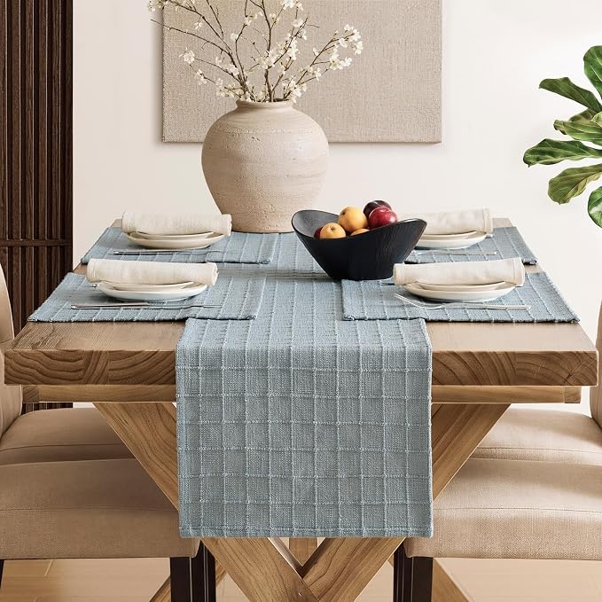 Artisanal Grid Linen Table Runner, 13x48 Inches Chambray | Heavy Textured - Image 4