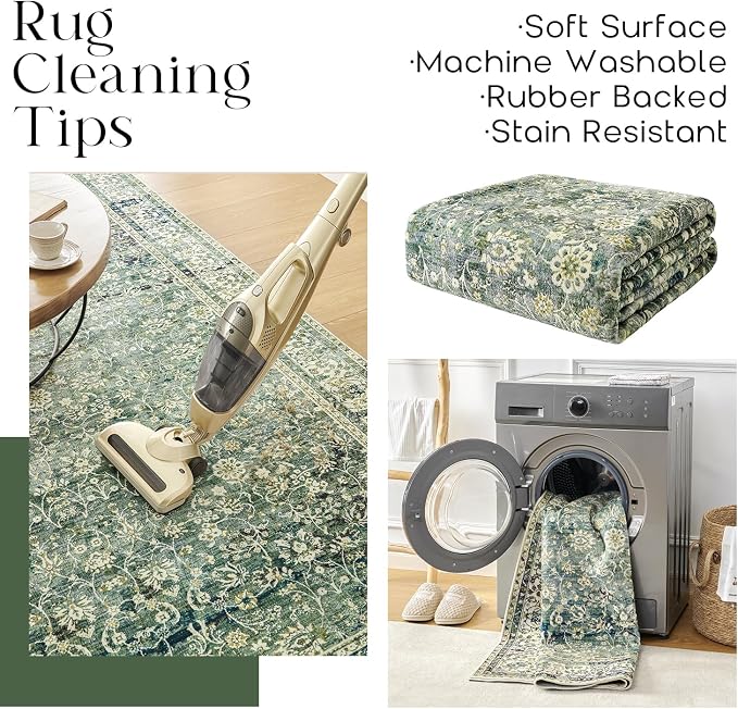 Dark Green Area Rugs 8x10 for Living Room Washable Non Slip Low Pile Blue and - Image 4