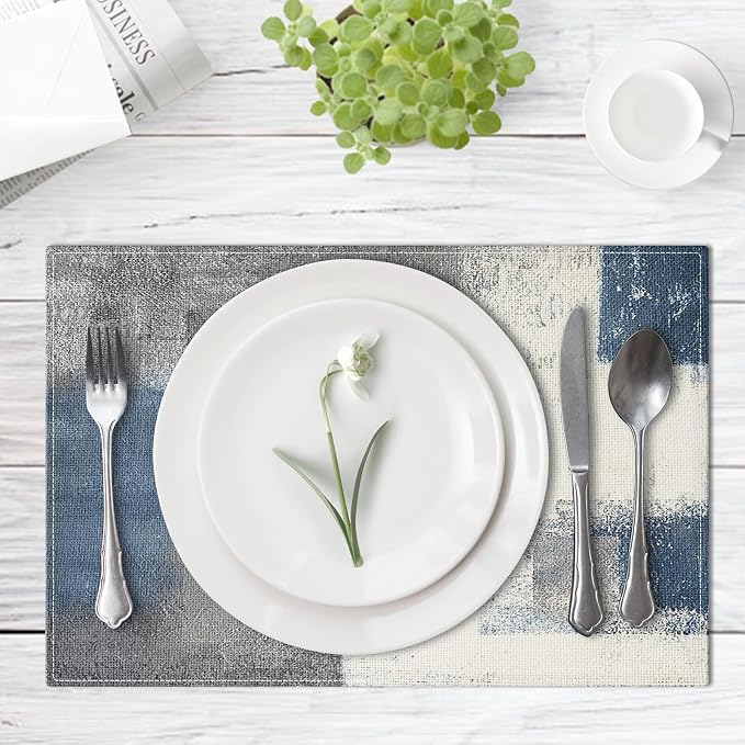 Emvency Farmhouse Placemats Set of 4, 12x18 Inch, Abstract Blue Grey | Abstract - Image 4