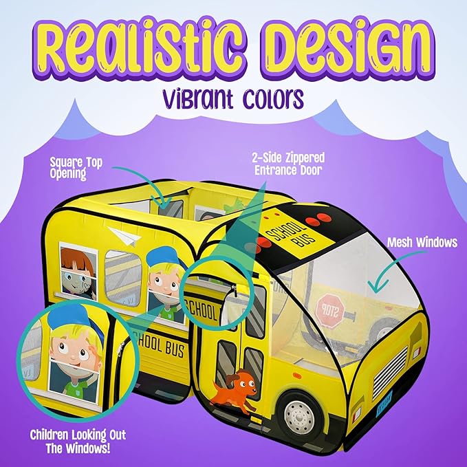 Kiddzery School Bus Pop Up Kids Play Tent - Tents with Sound Play Button for Toddler & Up - Girls and Boys Magic Wheels Bus for Indoor & Outdoor - Pretend Toy Playhouse - Playhouses for Toddlers