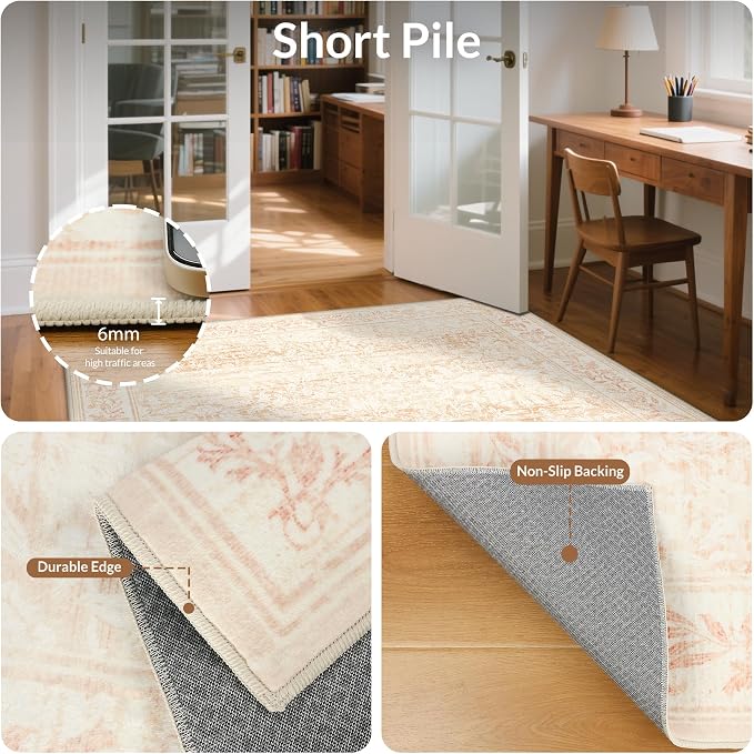 GENIMO 8x10 Washable Area Rug, Non-Slip Vintage Boho Floral Carpet, Large Area - Image 5