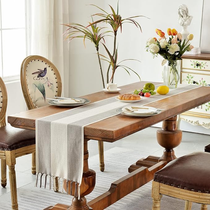 Wracra Linen Table Runner, Stripe Table Runners 108 Inches Long Coffee | - Image 7