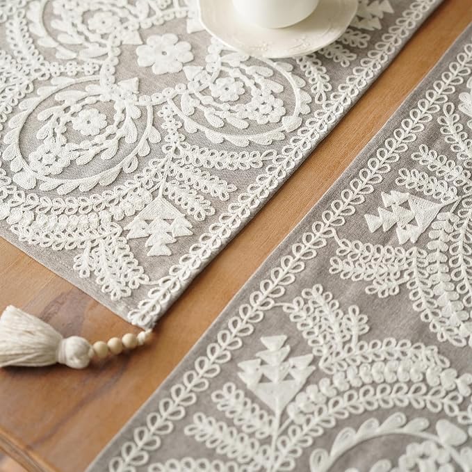 Coffee Table Runner Embroidered Boho Dresser Scarf, 4 Tassel Pendants, Layered - Image 6