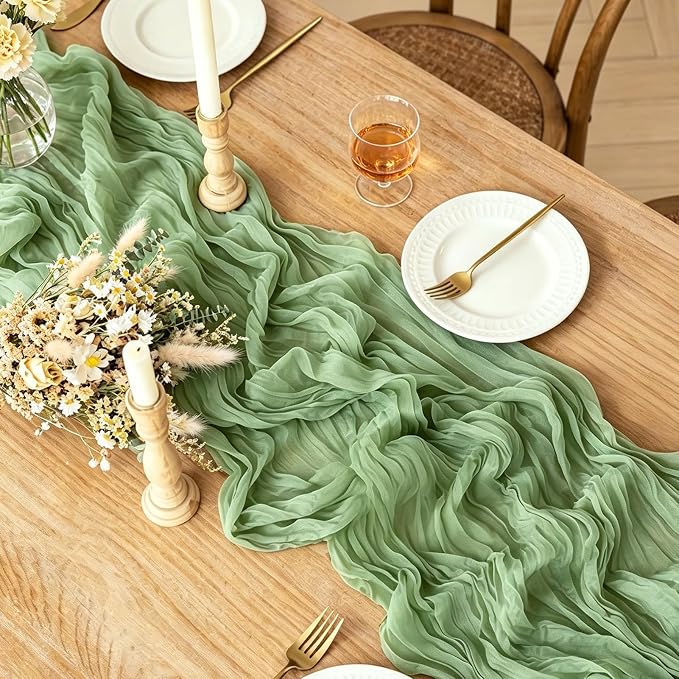 Sage Green Cheesecloth Table Runner, 10FT Rustic Green Boho Gauze Table Runner - Image 2