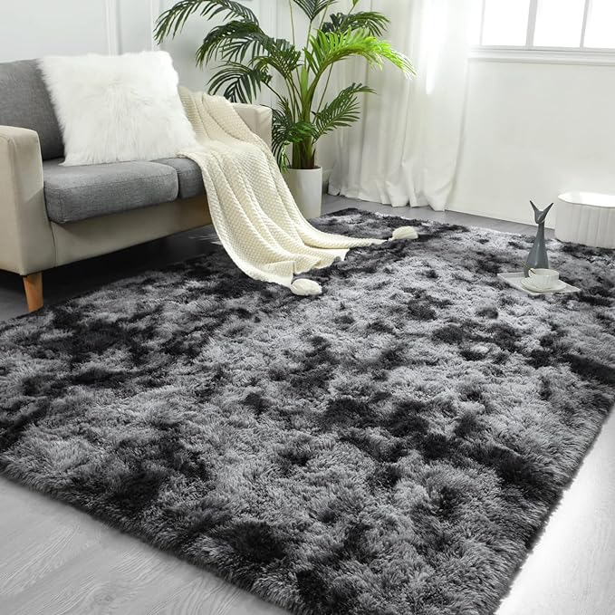 FlyDOIT Large Area Rugs for Living Room, 4x6 Feet Tie-Dyed Dark Grey Shaggy Rug by FlyDOIT