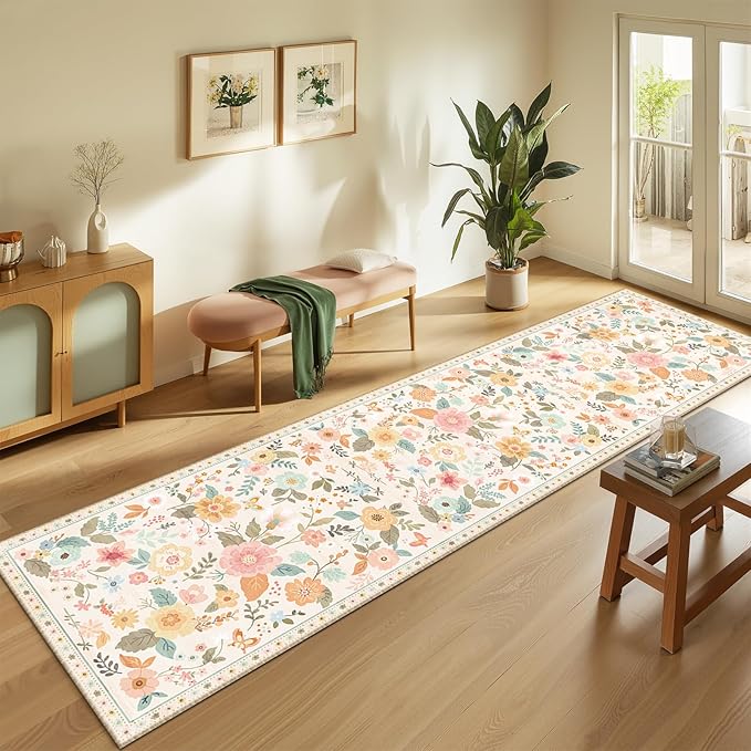 Floral 2x8 Area Rug Machine Washable Soft Print Boho Carpet Non Slip Doormat Low Pile Flower Area Rugs for Living Room Bedroom Nursery Kitchen Dining Room Indoor-Beige/White/Orange