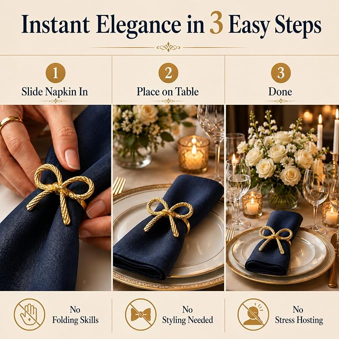 Gold Napkin Rings Set of 12 – Elegant Bow Design – Decorative Napkin Ring - Image 5