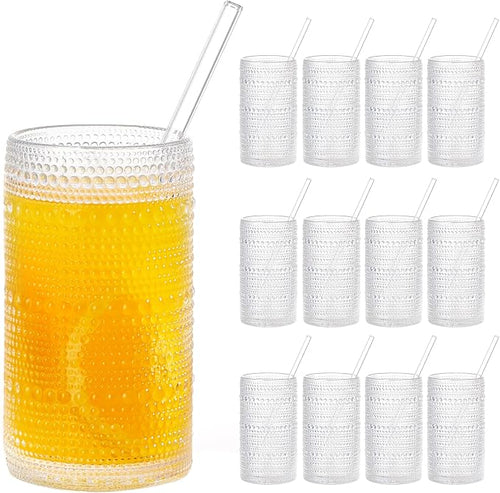 16oz Hobnail Drinking Glasses Set of 12, Vintage Large Capacity Embossed Clear by Unknown