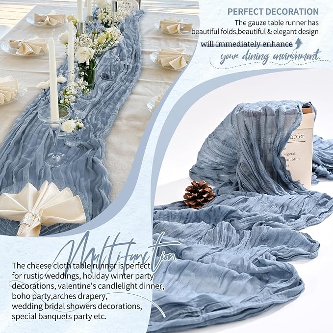 Showgeous 2 Pack Dusty Blue Cheesecloth Table Runners Boho Wedding Decor | - Image 6