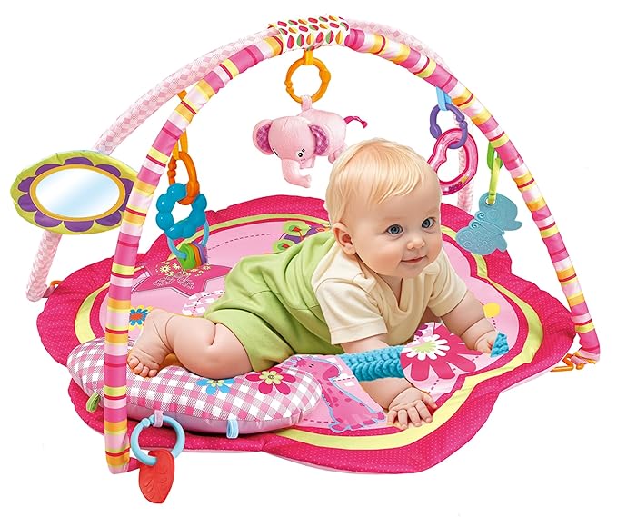 Pink Baby Acctivity Play Gyms Playmats Colorful Infants Toddler Play Mat with Arches, Activity Toys, Plush Animals, Elephant