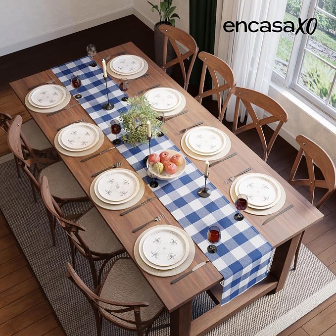 Encasa XO Table Runner, Woven Cotton Dining Runner 13"x59" Buffalo Blue Checks - Image 4