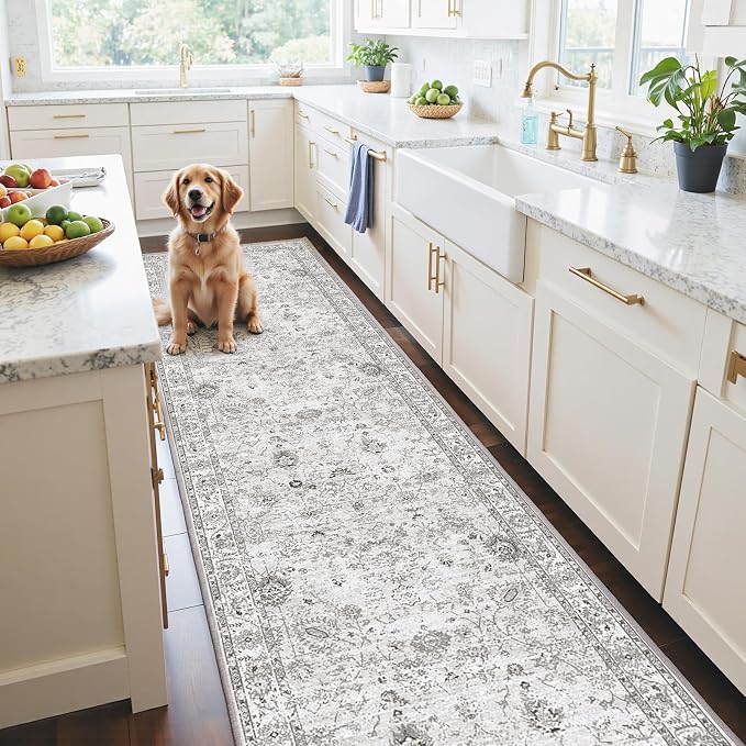 Floral Hallway Runner Grey Carpet Non-Slip, Kitchen Mat Stain Resistant - Image 5