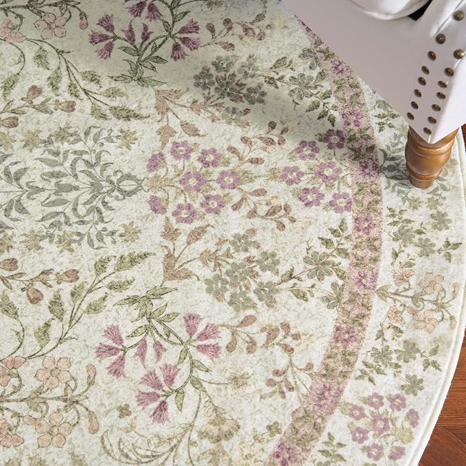 jinchan Zenith Round Rug 8ft Area Rug Soft 8'Round Vintage Floral Rug Non-Slip - Image 9