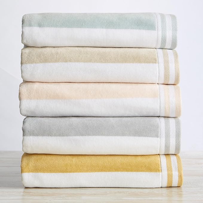 Great Bay Home 100% Cotton Velour 4 Pack Beach Towels 30" x 60" - Light Blue Cabana Stripe Pool Towels - Quick Dry, Large Swim Towels