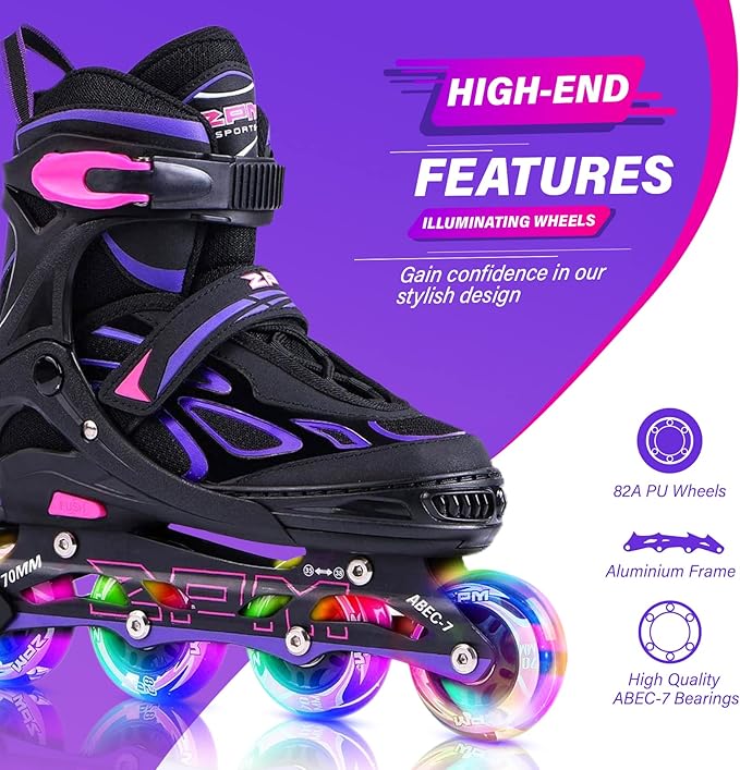2PM SPORTS Vinal Girls Adjustable Flashing Inline Skates, All Wheels Light Up, Fun Illuminating Skates for Kids Men Adult Women and Boys