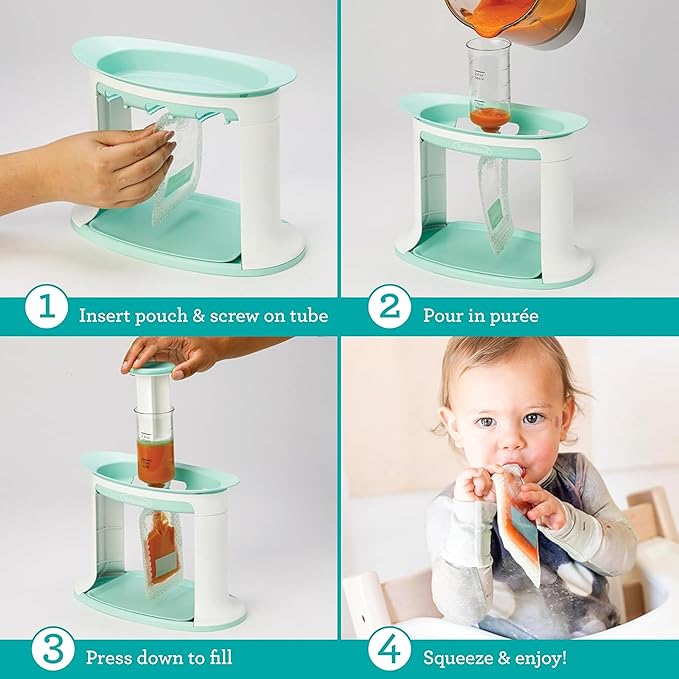 Infantino Squeeze Station, Baby Food Maker & Pouch Filler, Fill 3 Reusable Pouches at Once, Easy to Use, Dishwasher Safe, Homemade Baby Food Prep Essential, Teal