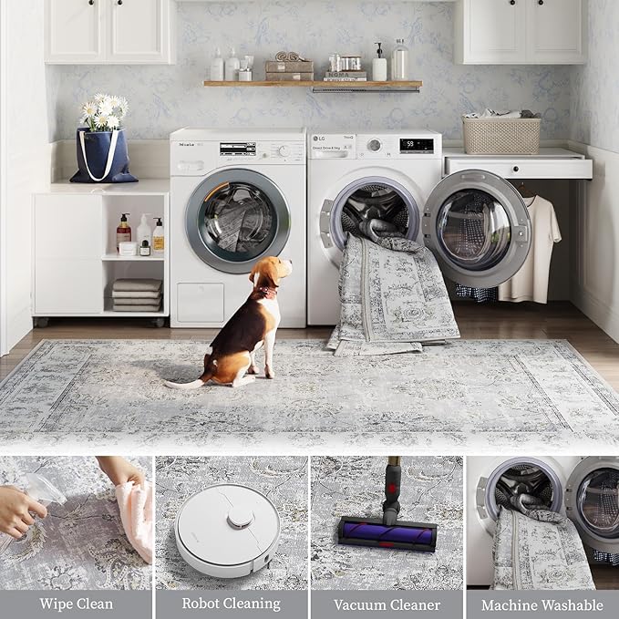 jinchan Hallway Runner Rug 3x8 Machine Washable Runner Rug Grey Vintage Floral Design Non-Slip Low Pile Ultra-Thin for Kitchen Laundry Room Bedroom Farmhouse (3‘x8',Grey)