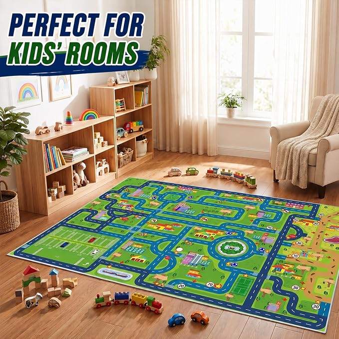 yongjoy Car Rug Road Map Area Rug, Colorful Car-Themed Design, Soft Low-Pile - Image 7