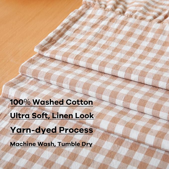 Taupe White Plaid Gingham Ruffle Table Runner 108 inches Long 100% Washed - Image 8