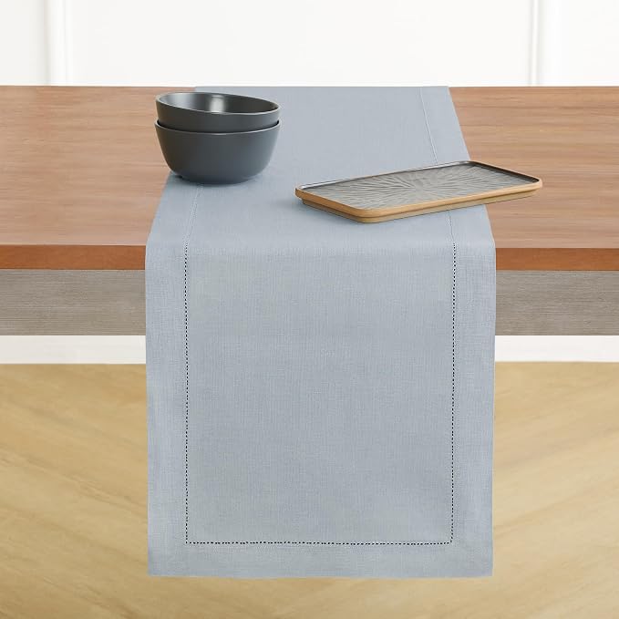 Solino Home 100% Pure Linen Table Runner Dusty Blue Hemstitch, 14 x 132 in | by SolinoHome