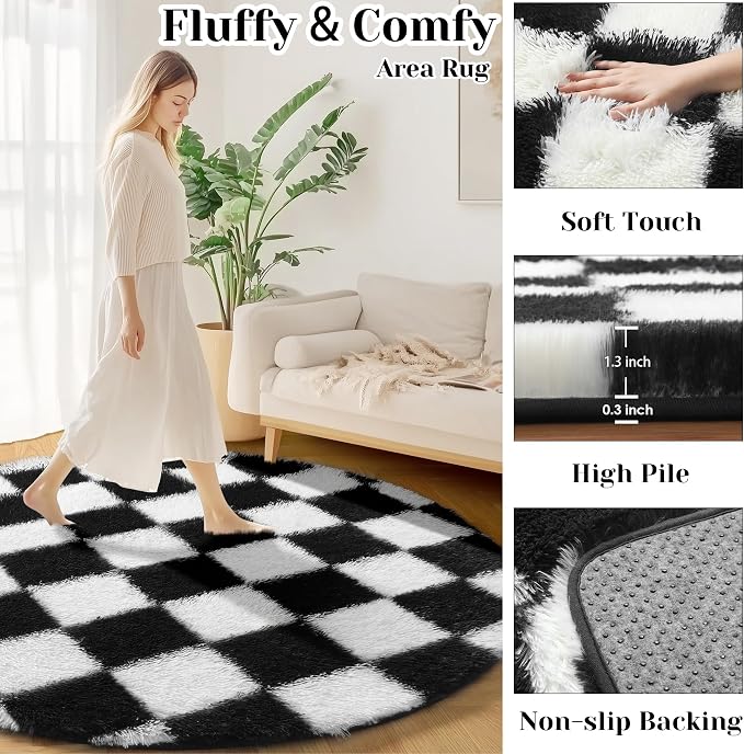 KICMOR Round Rugs 5ft for Bedroom Living Room, Indoor Checkered Circular Rug - Image 2