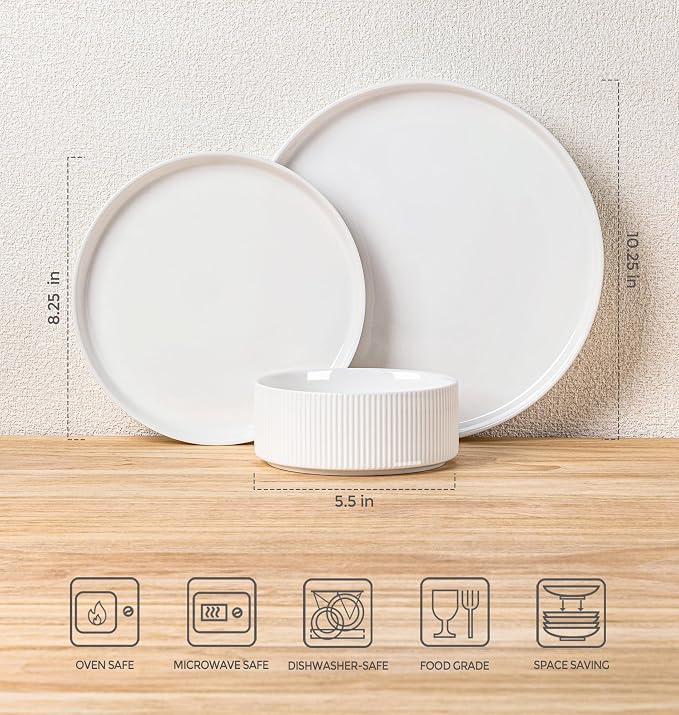 Ceramic Dinnerware Set for 4, 12-Piece Plates and Bowls Set | Lightweight - Image 7