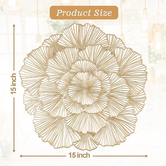 Round Placemats Pressed Vinyl Metallic Flower Place Mats Set of 6 | 15 Inch - Image 7