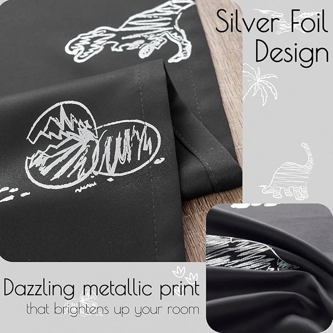 Vangao Kids Curtains Black Blackout Dinosaur Curtains for Boys Kids Nursery Girls Room Silver Dino Foil Print Thermal Insulated Drapes Grommet Top Window Treatments 84 Inches Length 2 Panels