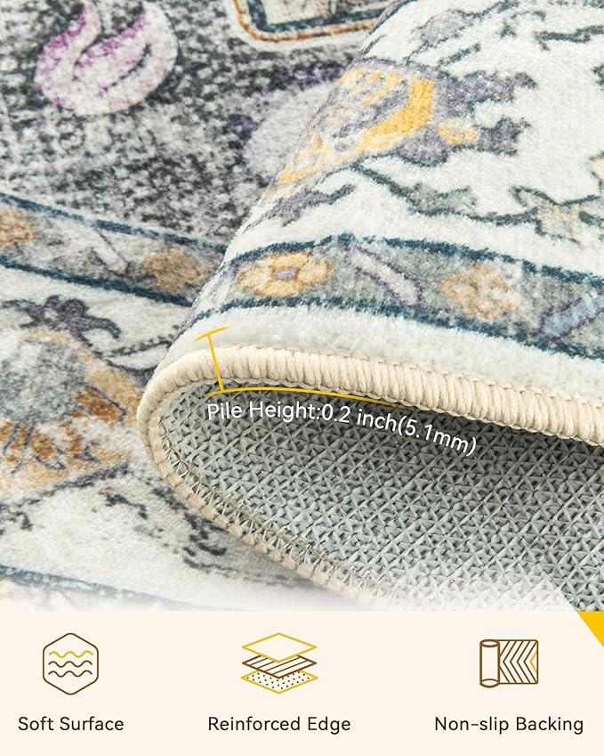 RELEANY Area Rugs Round 7ft Washable Non-Slip, Floral Vintage Distress - Image 3