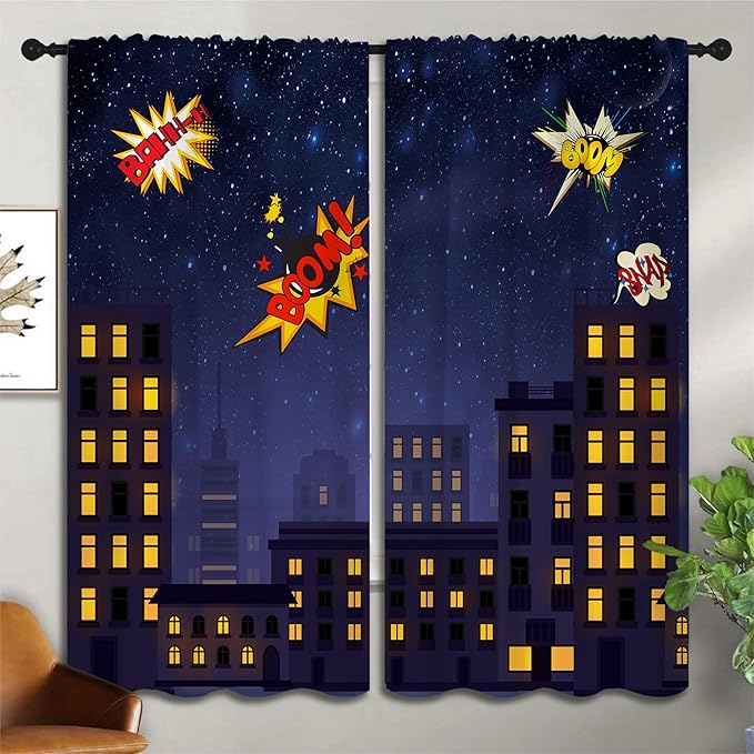 Super Hero Rod Pocket Blackout Curtains for Boy Girl Bedroom, Exploding City Starry Cartoon Skyline Thermal Insulated Home Window Drapes for Living Room Darkening, 72x63 inch