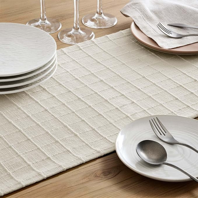 Artisanal Grid Linen Table Runner, 13x60 Inches Ivory | Heavy Textured - Image 6