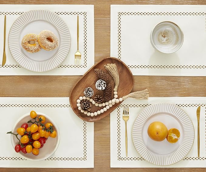 Farmhouse Burlap Hollow Placemats Set of 6, 12 x18 Inch Off White | Double Layer - Image 2