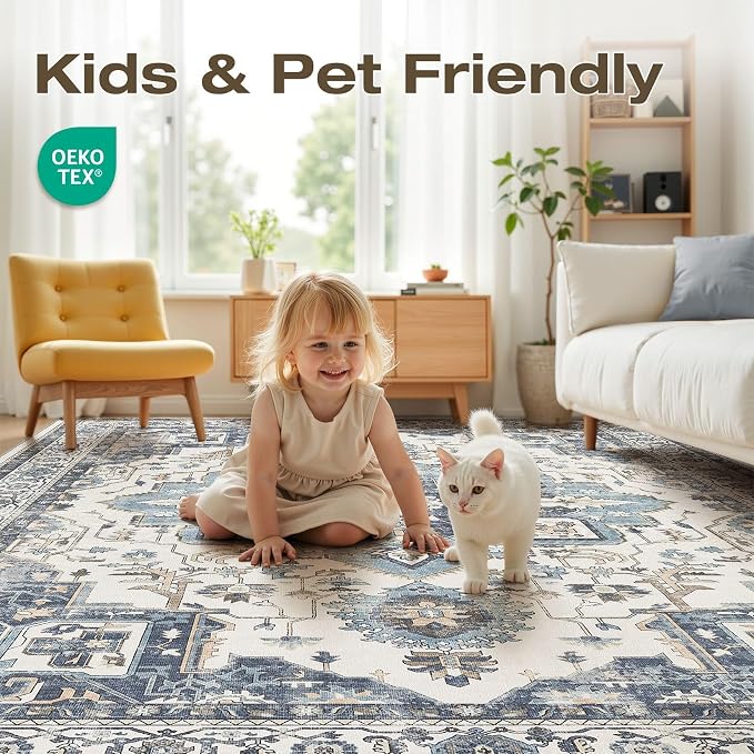 7x9 Washable Area Rugs for Living Room, Large Rug Non Slip Backing Vintage - Image 3