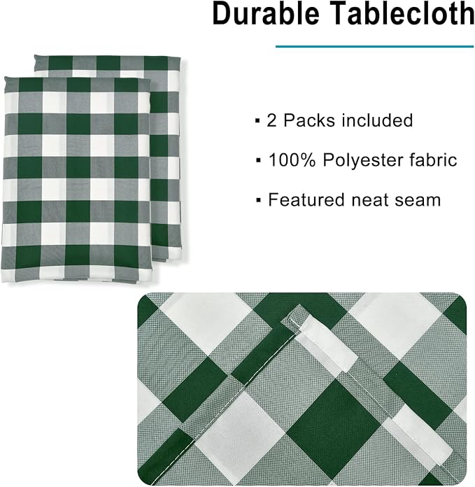 Plaid Tablecloth 2 Pack, 54 x 80 inch, Forest Green and White | Waterproof - Image 3