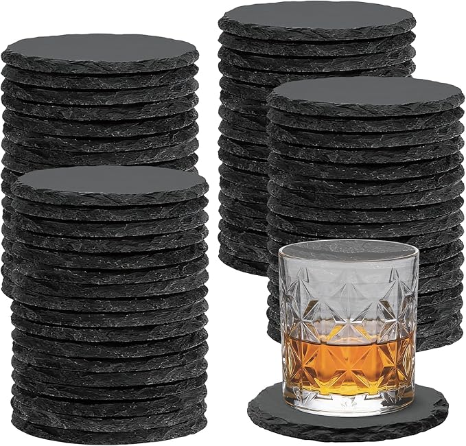 68 Pcs 4 Inch Round Black Slate Coasters Bulk by SIJDIEE