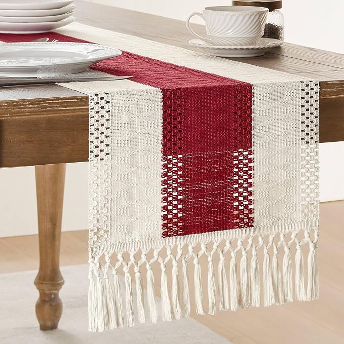 Macrame Style Bicolor Stitching Table Runner 14x48in Red | Woven Boho Table by ZEEMARTONLINE