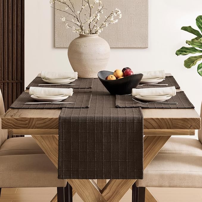 Artisanal Grid Linen Table Runner, 13x108 Inches Chocolate | Heavy Textured - Image 4