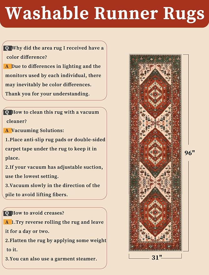 SERISSA Runner Rug for Hallways, Long Boho Rug Vintage Terracotta Green Hallway - Image 2