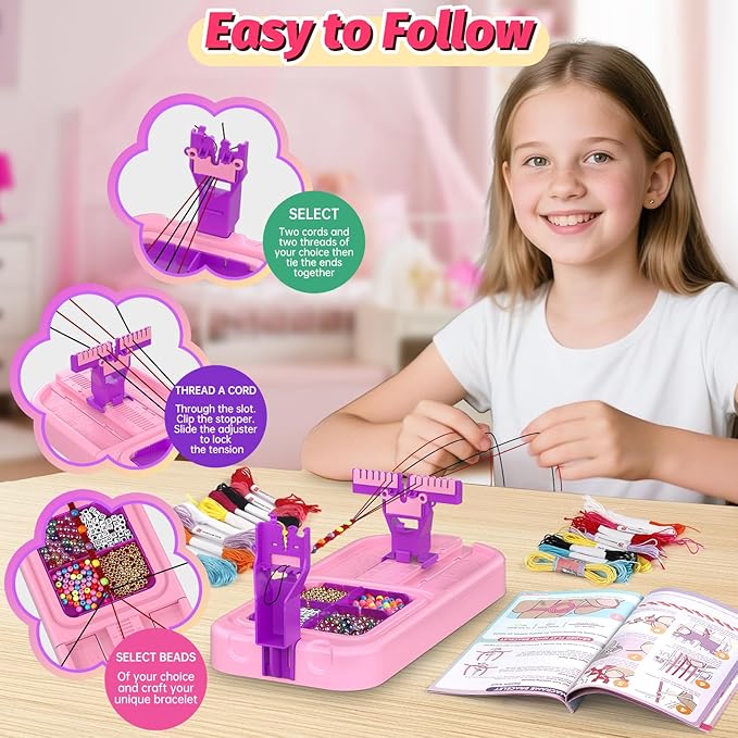 Friendship Bracelet Making Kit, Arts and Crafts Loom Bracelet Maker for Kids, Jewelry String Making supplies with 3 Thread Styles & 6 Bead Types, Christmas Birthday Gifts for Girls Ages 6 7 8 9 10+