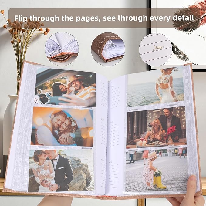 RECUTMS Photo Album with Writing Space 4x6 300 Pockets Photo Book,Leather Cover Picture Album with Memo Areas for Wedding Anniversary Family Baby Couple Valentines Graduation Travel (Light Coffee)