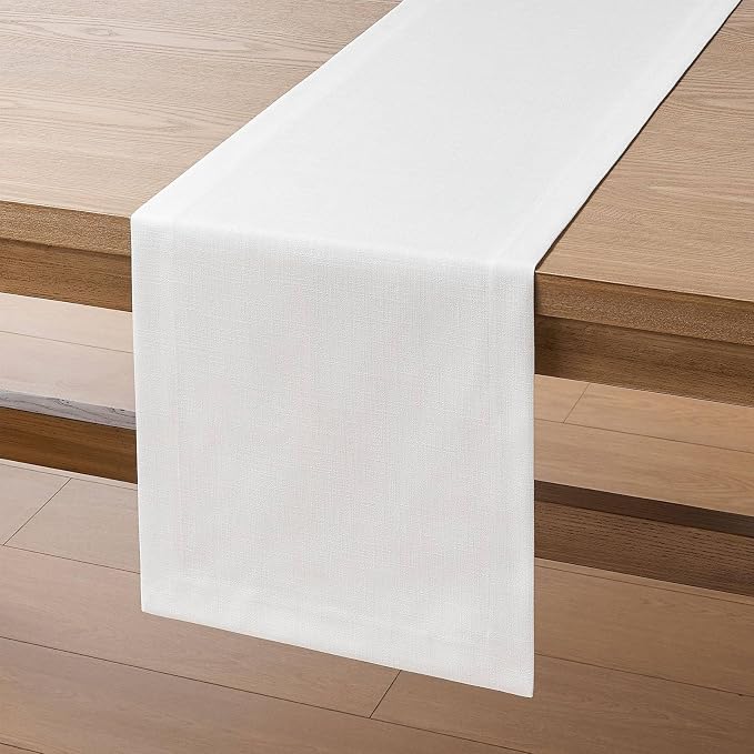 Linen Textured Border Table Runner, 14 x 90 Inch White | Mitered Corner Design - Image 7