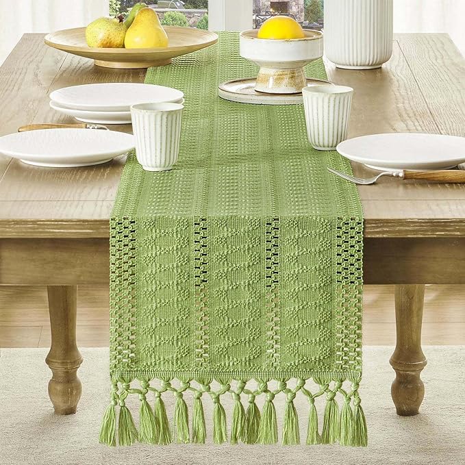 Macrame Style Boho Table Runner, 12x72 Inch Green | Woven Boho Table Runner - Image 2
