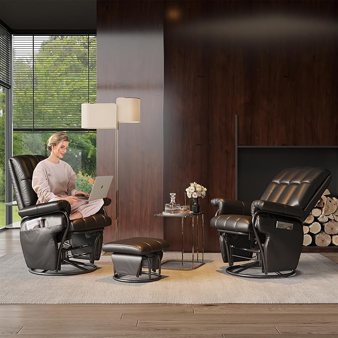 JIASTING 360° Swivel Recliner Chair with Ottoman & Double Side Pockets, Nursing Glider Rocking Recliner Chair, Gliding Chair for Nursery, Living Room, Office, Bedroom, Metal Frame (Black 1)