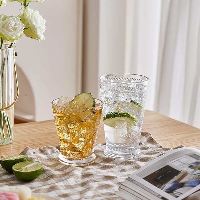 6 Pack Embossed Vintage Mixed Drinking Glasses, 12 Oz & 9 Oz Glasses | Embossed - Image 6